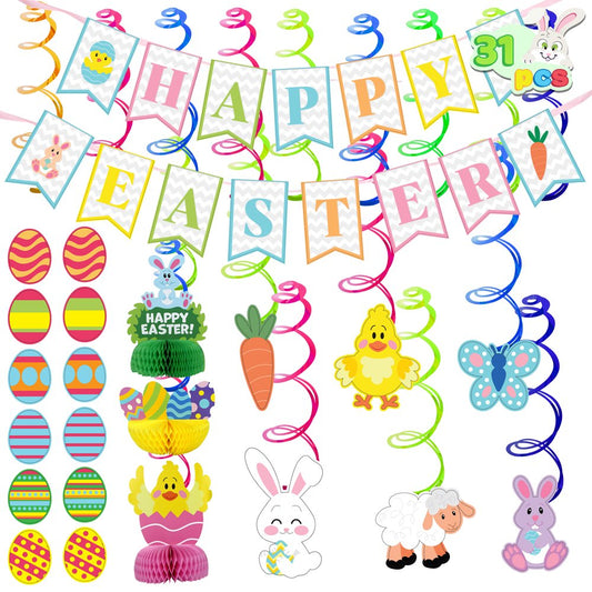 31 Pcs Easter Decorations,Cutouts Swirls Garland,Tissue Fans & Tissue Poms,Egg Bunny Foil Swirl,Hanging Easter Decor Home/Office Party Supplies