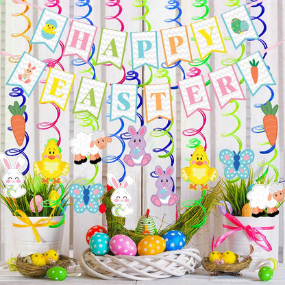 31 Pcs Easter Decorations,Cutouts Swirls Garland,Tissue Fans & Tissue Poms,Egg Bunny Foil Swirl,Hanging Easter Decor Home/Office Party Supplies