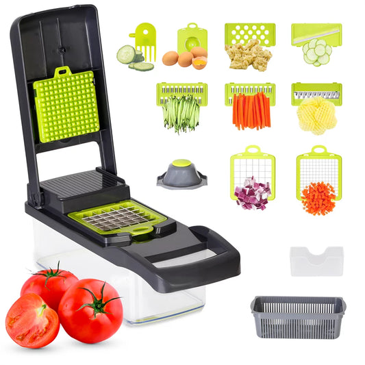 Vegetable Chopper, Multi-Functional 12-In-1 Food Chopper Onion Chopper with Draining Basket, Veggie Chopper, Kitchen Vegetable Slicer Cutter Dicer, Onion Salad Chopper Potato Slicer with Container