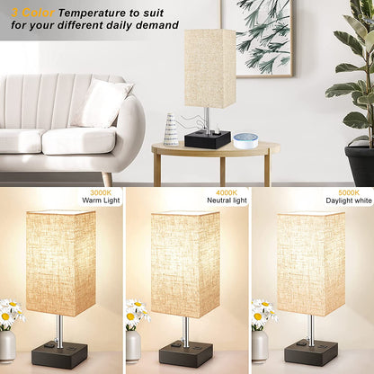 3-Color Temperature Table Lamp with USB Port and AC Outlet Bedside Lamps for Bedroom Nightstand Lamps with Oatmeal Shade Black Metal Bed Lamp Small Desk Lamps for Living Room Office (Bulb Included)