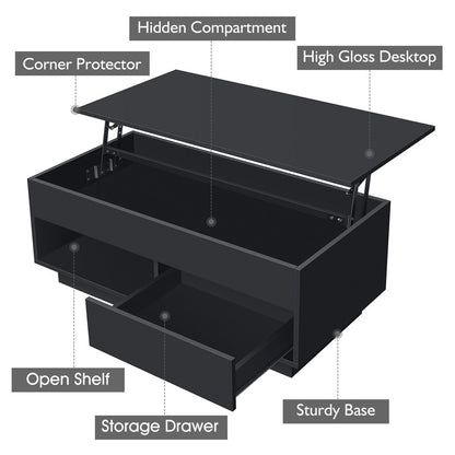 Lift Top Coffee Table with LED 39.4" Modern Rectangle Sofa Side Cocktail Tables Rising Lift up with Hidden Storage Drawer for Living Room