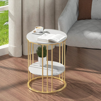 Round Marble Accent Table End 2 Tiers Storage Table Gold Metal Frame Nightstand for Living Room, Bedroom