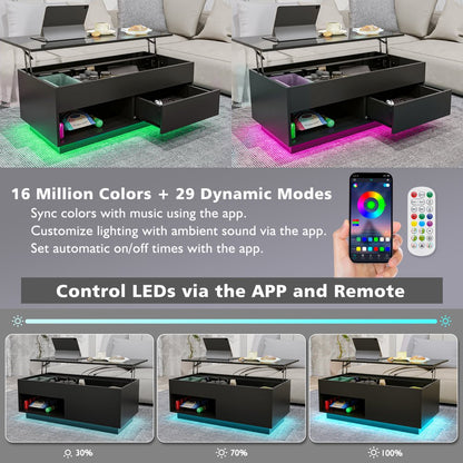 Lift Top Coffee Table with LED 39.4" Modern Rectangle Sofa Side Cocktail Tables Rising Lift up with Hidden Storage Drawer for Living Room